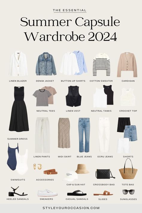 Learn how to create a perfect summer capsule wardrobe with this chic neutral capsule wardrobe list & effortless outfit ideas for 2024! Summer Capsule Wardrobe Checklist, Summer Effortless Outfits, Spring Summer Wardrobe 2024, Styles For Moms Cute Outfits, Gap Capsule Wardrobe, Minimal Summer Wardrobe, Casual Outfits 2024 Women, 2024 Capsule Wardrobe Summer, Summer 2024 Wardrobe