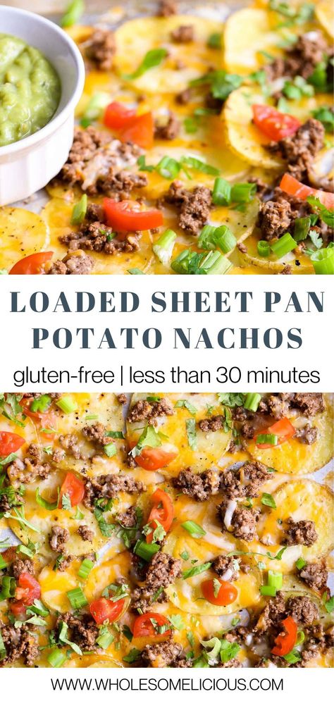 Healthy Potato Nachos, Potato Chip Nachos Recipe, Potatoe Nachos Recipe, Sweet Potato Nachos With Ground Turkey, Sheet Pan Sliced Potatoes, Potato Nachos Pioneer Woman, Gluten Free Nachos Recipe, Loaded Potato Nachos, Loaded Burger Sweet Potato Sheet Pan