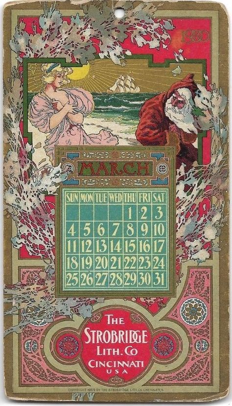 Strobridge Litho Co - March 1900 Art Nouveau Calendar, Vintage Calendar Design, Medieval Tapestries, Class Calendar, Calendar Design Inspiration, Bujo Spreads, Calendar Cards, Alphonse Mucha Art, St Brigid