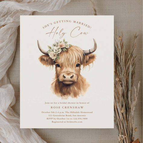 Elegant Boho Highland Cow Bridal Shower Invitation. Click the edit/personalize button to customize this design. Budget Kids Birthday Party, Boho Highland Cow, Thank You Cards From Kids, Cow Baby Showers, Birthday Party Design, Farm Kids, Birthday Thank You Cards, Kids Birthday Party Invitations