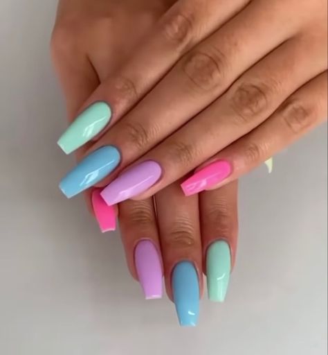 Acrylic Nails One Hand Different Color, Color Family Nails, Multicolor French Tip Nails Coffin, Nails Acrylic Different Colors, Three Color Nail Ideas, Coffin Rainbow Nails, Different Shade Nails Acrylic, Different Color Summer Nails, Acrylic Nails Different Colors Shades