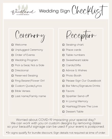 Wedding Sign Must Haves, Needed Wedding Signs, Signage Checklist For Wedding, Wedding Details To Not Forget, Must Have Wedding Signage, Sign List For Wedding, Wedding Signs Checklist, Wedding Day Signage Checklist, Wedding Details To Remember