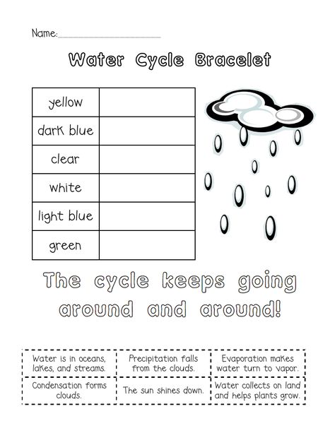 Water Cycle Bracelet.pdf Outdoor Preschool, Water Cycle Worksheet, Grade 2 Science, The Water Cycle, Weather Unit, Steam Projects, 1st Grade Science, First Grade Science, Notes To Parents