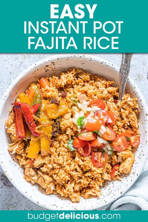 You’re going to love this easy weeknight Instant Pot Chicken Fajita Rice Bowl recipe. Pair tender chicken, veggies, and rice with mouthwatering Mexican fajita seasonings in a one-pot meal that’s frugal and easy to customize. Your whole family will love this dump and go chicken fajita with rice for dinner, meal prep, and Mexican feasts. Click through to get this awesome Instant Pot Fajita Rice recipe!! #chickenfajitas #ricebowls #instantpot #dumpandgo #fajita #budgetmeals #fajitarice #rice Chicken Fajita Rice Bowl Recipe, Fajita Rice Recipe, Chicken Fajita Rice Bowl, Fajita Rice Bowl, Chicken Fajita Rice, Fajita Rice, Rice For Dinner, Veggies And Rice, Rice Bowl Recipe