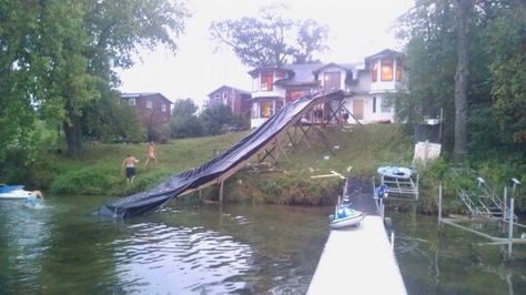 Homemade water slide Homemade Water Slide, Lake Ideas, Backyard Trampoline, Water Mat, Cottage Lake, Farm Fun, House Outdoor, Water Projects, Lake Living