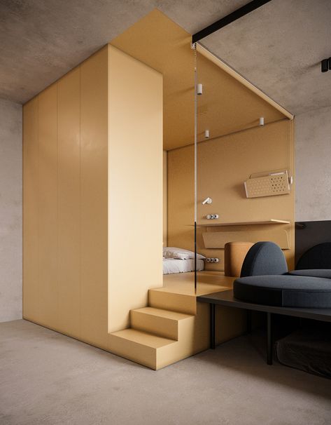 Minimalist Studio Apartment Small Spaces, Room In Room, Arch Interior, Tiny Apartments, Small Apartment Design, Small Space Design, Small Hotel, Tiny House Interior, Tiny Apartment