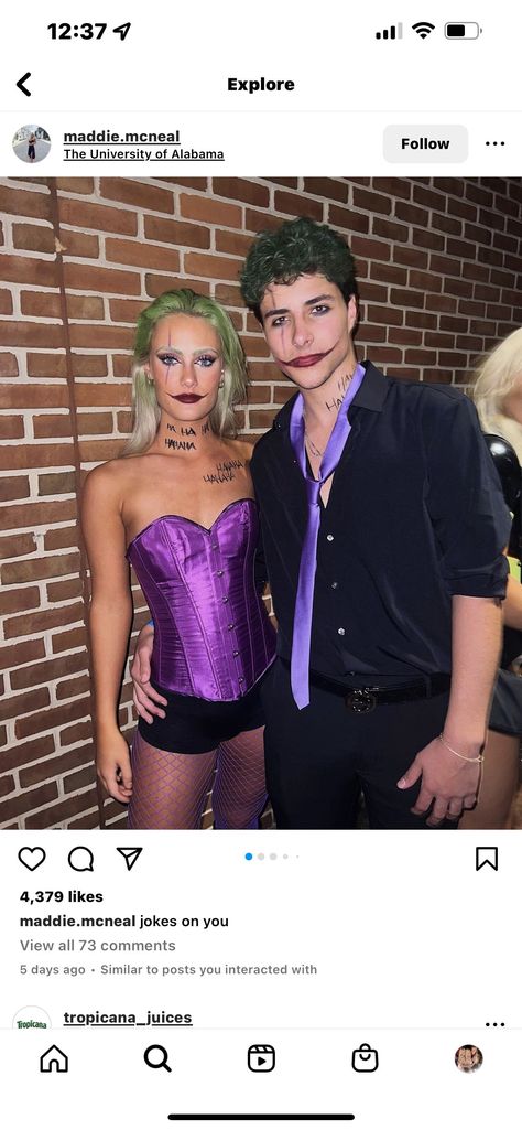 All Out Couple Halloween Costumes, Mr And Mrs Joker Costume, Couples Costumes Harley Quinn And Joker, Couple Costume Last Minute, Couple Halloween Costumes Harley Quinn, Couple Joker Costume, Harley Quinn Joker Costume Couple, Harley Quin And Joker Costumes, The Joker Couple Costume