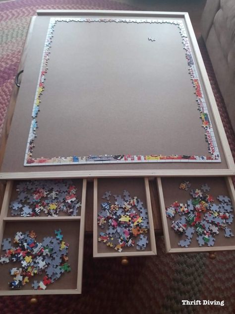 10 Steps to Create a DIY Puzzle Board with Drawers Tutorial | Thrift Diving Blog | Bloglovin’ Diy Puzzle Board With Drawers, Puzzle Cover Diy, How To Make A Puzzle Board Diy, How To Build A Puzzle Table, Jigsaw Puzzle Board Diy, Diy Puzzle Table Plans, Puzzle Frames Diy, Puzzle Tray Diy, Puzzle Board Ideas