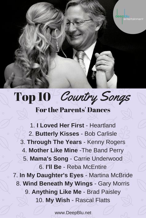 Top 10 Country Songs for the Parents' Dances Dancing Songs For Wedding, Wedding Songs Country, Country Gift Ideas, Songs Country, Wedding Song Playlist, Country Wedding Songs, Music Lists, Father Daughter Dance Songs, Wedding Song List