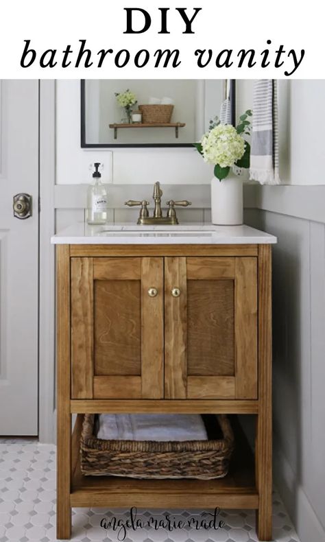 Small Bathroom With Hickory Vanity, Bathroom Vanity Space Saver, Diy Custom Bathroom Vanity, Diy Wood Bathroom Vanity, Small Wood Vanity, Diy Small Bathroom Vanity, Diy Vanity Bathroom, Hidden Bathroom Storage, Small Bathroom Vanity Ideas