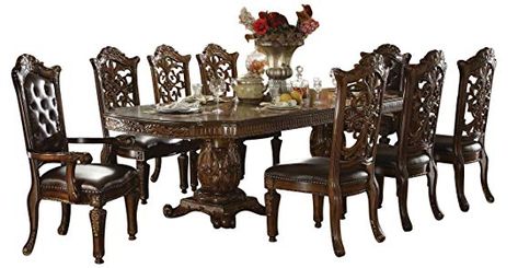 Amazon.com - ACME Vendome Casual Dining Room Set with Dining Table, 6 x Side Chair and 2 x Arm Chair - Table & Chair Sets Pedestal Dining Room Table, Traditional Hardware, Casual Dining Table, Double Pedestal Dining Table, Casual Dining Rooms, Decor Elements, Acme Furniture, Oval Table Dining, Pedestal Dining Table