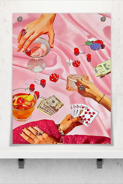 vintage poster of girls poker game night with martinis, cocktails, cigarettes, money, cigarettes and a pink table cloth which serves as the background Sassy Paintings, Girls Poker Night, Poker Painting, Galentines Night, Diamond Dots, Diamond Art Kits, Maximalist Wall Art, Diamond Picture, Dorm Posters