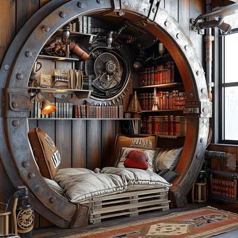 Steampunk Room Aesthetic, Steam Punk Room, Ville Steampunk, Steampunk Library, Curio Decor, Steampunk Interior Design, Steampunk Bedroom, Steampunk Interior, Reading Spaces