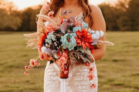 Boho wedding bouquet Teal, turquoise, dusty rose, terracotta, wild flowers Turquoise And Dusty Rose Wedding, Coral Western Wedding, Pink Orange Teal Wedding, Western Wedding Bouquets Turquoise, Turquoise And Peach Wedding, Western Bouquets, Teal And Terracotta Wedding, Peach And Teal Wedding, Teal Wedding Flowers