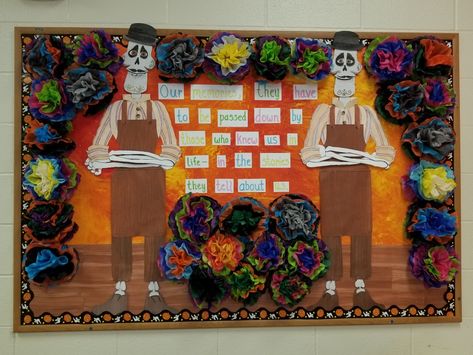 Dia de los muertos bulletin board-Coco Coco Themed Bulletin Board, Coco Bulletin Board Ideas, Coco Bulletin Board, Dia De Los Muertos Bulletin Board Ideas, Spanish Club Ideas, Parent Room, Bulletin Ideas, Ra Themes, Birthday Board Classroom