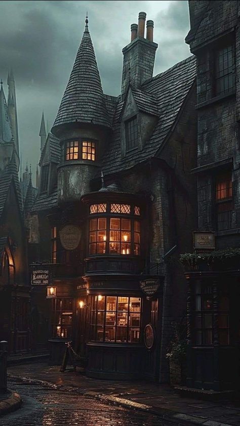 Diagon Alley Aesthetic Wallpaper, Diagon Alley Harry Potter, Diagon Alley Fan Art, Nocturn Alley Harry Potter, Diagon Alley Painting, Dark Fantasy City Aesthetic, Dark Fantasy Buildings, Cartographer Aesthetic, Harry Potter Buildings