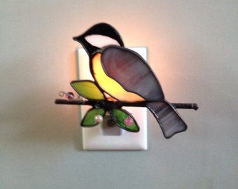 Stained Glass Chickadee Bird Night Light, Sun Catcher or Wind Chime Bird Light, Stained Glass Night Lights, Spectrum Glass, Stained Glass Light, Stained Glass Bird, Light Sun, Stained Glass Birds, Stained Glass Diy, Stained Glass Crafts