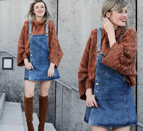 Denim Jumper Dress Outfit, Outfits With High Boots, 90s Outfit Ideas, 90s Girl Fashion, Winter Hipster, 90s Fashion Party, 80s Inspired Outfits, 90s Jumper, Fashion Guys