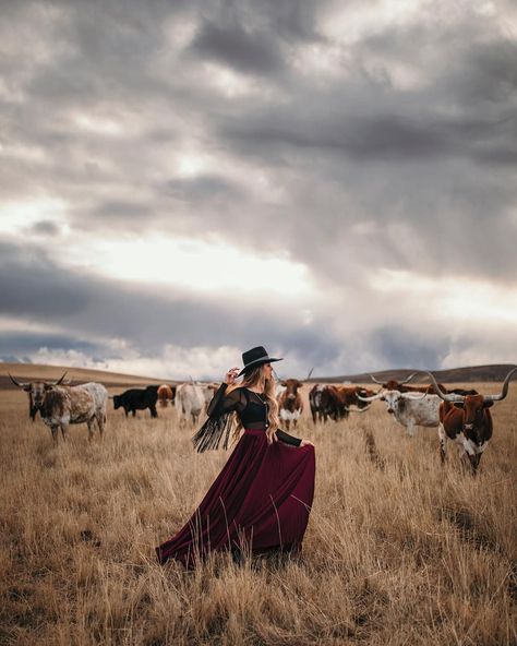 Longhorn Photoshoot, Moody Western Photoshoot, Southwestern Photoshoot, Farm Poses, Western Photoshoot Outfits, Cowgirl Witch, Rustic Photoshoot, Western Photo Shoots, Cowgirl Photoshoot