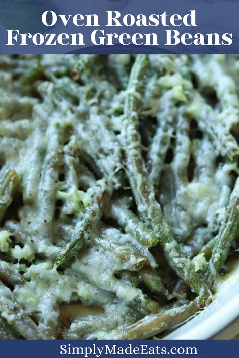 These Oven Roasted Frozen Green Beans are a quick and easy side dish recipe. Use up those frozen green beans and bake them with fresh garlic and parmesan cheese. Prep in just 5 minutes, then bake! Roasted Frozen Green Beans, Green Beans Recipe, Roasted Green Beans, Frozen Green Beans, Easy Side Dish, Beans Recipe, Fresh Garlic, Side Dish, Parmesan