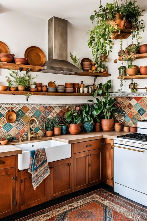 Modern Boho Kitchen, Maximalist Kitchen, Boho Style Kitchen, Earthy Kitchen, Boho Kitchen Ideas, Boho Kitchen Decor, Kabinet Dapur, Bohemian Kitchen, Kitschy Kitchen