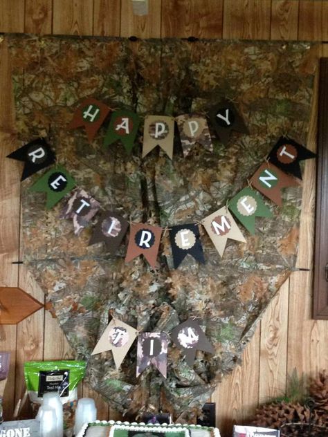 Tim's Retirement Party | CatchMyParty.com Hunting Party Ideas For Men, Hunting Theme Retirement Party Ideas, Hunting Retirement Party Ideas, Hunting Theme Party For Men, Hunting Themed Retirement Party, Hunting 50th Birthday Party, Army Retirement Party Ideas, Senior Tables, Military Retirement Party Decorations