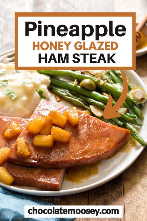 Pineapple Honey Glazed Ham Steak is an easy ham dinner for two that can be ready in under 30 minutes! Fry it on the stovetop or bake in the oven for Easter. The best part about cooking a ham steak dinner is it doesn’t take long to cook at all. You can have this ham steak recipe ready in 15 minutes.  And if that didn’t convince you enough, you fry ham slice on the stovetop, which frees up oven space for your side dishes. Ham Dinners For Two, Pineapple Ham Steak, Honey Glazed Ham Steak, Easy Ham Steak Recipes Simple, Ham Steak Sides, Baked Ham Steaks With Pineapple, Ways To Cook Ham, Slow Cooker Ham Steak, Ham Steak In Crockpot