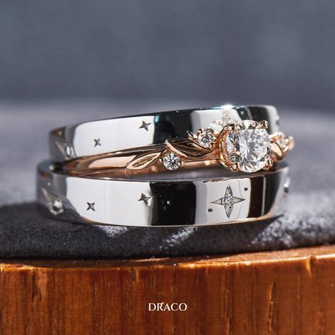 From the flora & fauna that is abundant on earth to the stars far far away in another galaxy. Here we have crafted a set of wedding rings with contrasting themes but ever so beautiful together. A floral-themed engagement ring in 18K rose gold and a pair of space-themed wedding bands in 18K white gold. Space Wedding Ring, Space Themed Wedding, Promise Rings For Couples, Space Wedding, Flora Fauna, White Gold Engagement Rings, Themed Wedding, 18k Rose Gold, Promise Rings