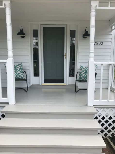 Kicking Up Our Curb Appeal with a Front Porch Makeover - Old Town Home Painted Front Porch Floors, Gray And White Front Porch, Painting Front Porch Wood, Painted Front Deck, Painting Porch Wood, Porch Paint Colors Wood, Painted Front Porch Wood, Front Porch Floor Colors, Porch Color Ideas Paint