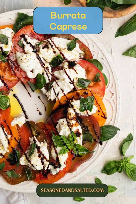 Celebrate summer with this mouthwatering Burrata Caprese Salad. Juicy tomatoes, creamy burrata, and a slight twist make it the perfect dish for any gathering. Burrata Recipe Salad, Burrata Caprese Salad, Prawn Platter, Burrata Caprese, Recipe With Tomatoes, Caprese Recipes, Caprese Salad Recipe, Entertaining Food, Walnut Pesto