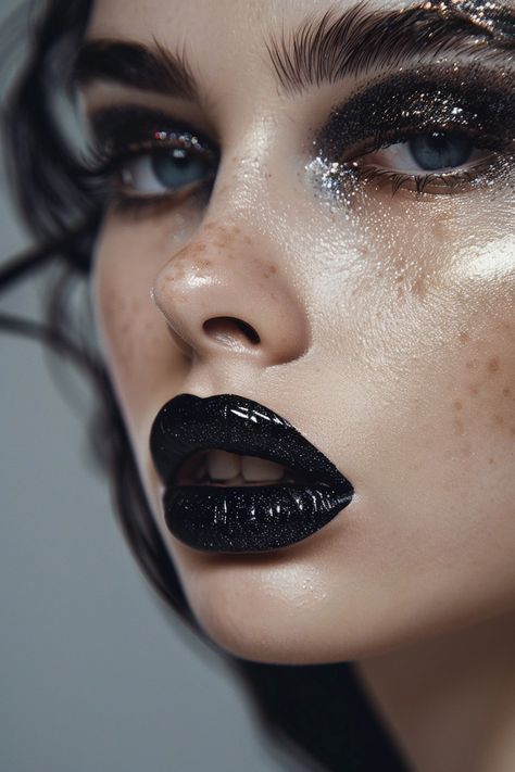 Black Friday Makeup Look, Black Glittery Eye Makeup, Hair Ideas For Medium, Black Lipgloss, Dyed Hair Ideas, Black Lipstick Makeup, Lipstick Challenge, Maquillage Goth, Styling Short Hair