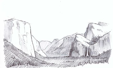 yosematie valley 8 Hatching Drawing, Yosemite Art, Mountain Sketch, Landscape Steps, Mountain Drawing, Hills And Valleys, Landscape Sketch, Cross Hatching, Mountain Tattoo