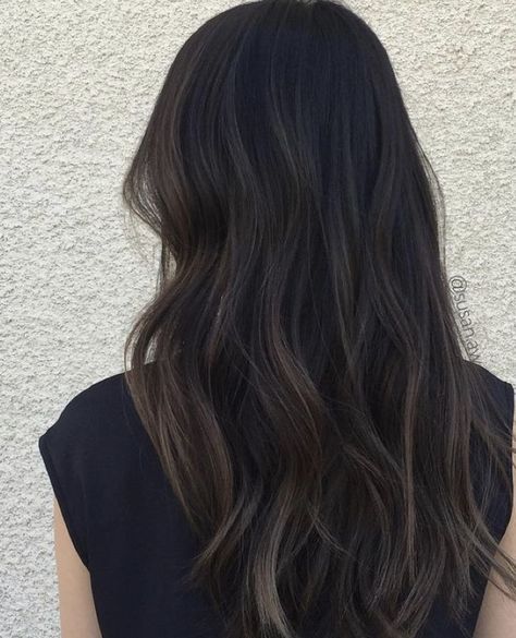 Dimension Black Hair, Dark Hair Color Ideas Cool Tones, Trendy Dark Brown Hair, Black Ashy Balayage, Jet Black Hair With Balayage, Black With Low Lights Hair, Soft Balayage On Black Hair, Black Hair Dimension Highlights, Dark Long Straight Hair