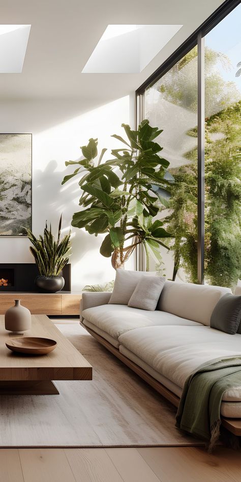 Interior Design Living Room With Plants, Earthy Modern Minimalist Living Room, Tropical Contemporary Interior, Home Aesthetic Plants, Living Room Decor Plants Interior Design, Bright Clean Living Room, Organic Interior Design Living Room, Modern Contemporary Interior Living Room, Modern Nature House Interiors