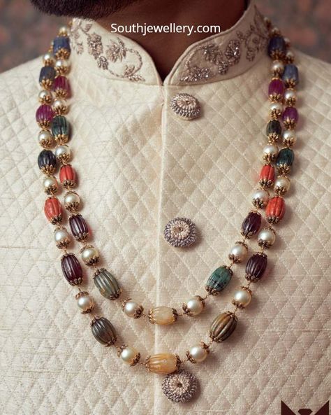 Navaratan Beads Jewellery, Navratan Beads Mala, Navaratan Jewellery, Pearl Mala, Bridal Necklace Designs, Stone Bead Jewelry, Antique Necklaces Design, Antique Gold Jewelry Indian, Fancy Jewelry Necklace