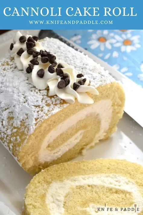 Cannoli Cake Roll Cannoli Cake Roll • www.knifeandpaddle.com Roll Desserts Cake, Box Cake Mix Cake Rolls, Cannoli Cake Roll, Pumpkin Cannoli Cake Roll, Cakerolls Recipe, Roll Up Cake Recipe, Rolled Cake Recipes, Roll Cakes Recipe, Cake Roll From Box Cake