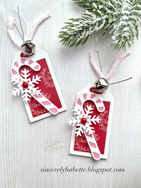 Sincerely, Babette: Snowflake Candy Cane Tags Christmas Gift Tags Ideas, Homemade Christmas Gift Tags Diy Crafts, Handmade Christmas Tags Ideas, Diy Christmas Gift Tags Scrapbook Paper, Diy Gift Tags Ideas Birthday, Su Christmas Tags, Stampin Up Tags Christmas, Christmas Gift Tags Stampin Up Ideas, Handmade Gift Tags Christmas