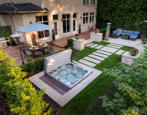 15 stunning hot tub landscaping ideas | Buds Pools Hot Tub Landscaping Ideas, Whirlpool Deck, Hot Tub Privacy, Sunken Hot Tub, Backyard Spa, Hot Tub Landscaping, Hot Tub Designs, Hot Tub Patio, Outdoor Hot Tub