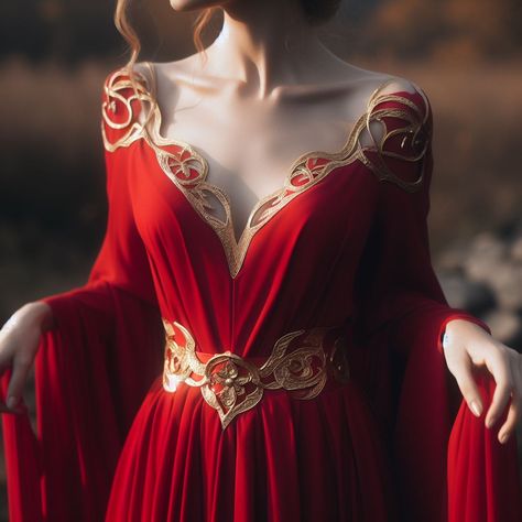 Red And Gold Fantasy Outfit, Red And Gold Fantasy Dress, Red Fantasy Dress Queens, Red Fantasy Dress, Fantasy Dress Queens, Red Medieval Dress, Targaryen Outfit, Mideval Dress, Ancient Egyptian Dress