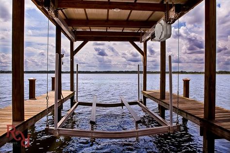 Permanent Boat Lifts - Photo Gallery | ShoreStation® Boat Lifts And Docks, Boat Lift Dock, Boathouse Design, Boat Hoist, Houseboat Living, House Lift, Floating Boat, Lake Dock, Boat Lift