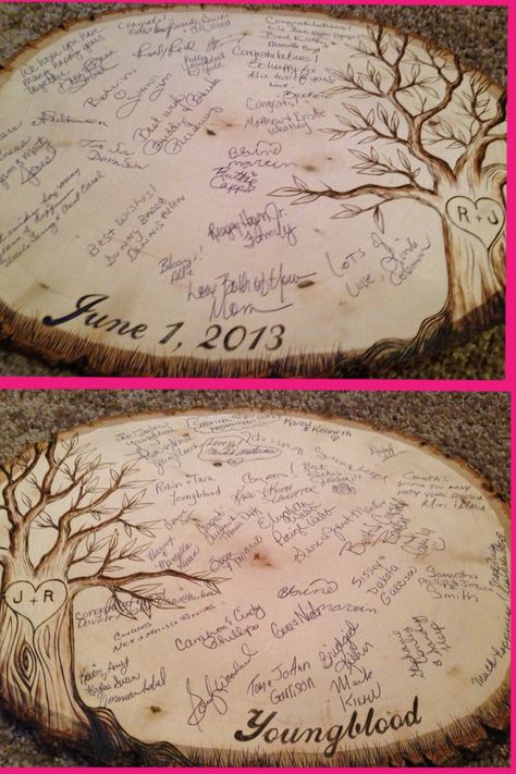 Guest book plaque! Best idea I ever had! Wood Burning Guest Book, Country Guest Book Ideas, Log Guest Book Wedding, Non Traditional Guest Book Ideas, Forest Wedding Guest Book, Canoe Wedding, Engagement Party Decorations Diy, Enchanted Forest Wedding Theme, Christmas Wedding Centerpieces