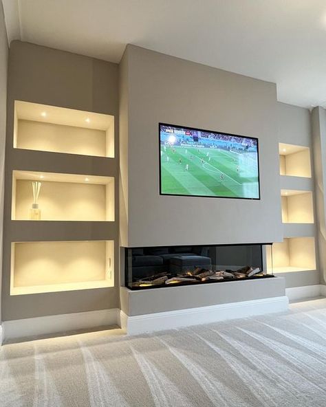 Tv Recessed In Wall, Entertainment Wall With Fireplace, Tv And Fire Wall Ideas, House Renovation Design, Ruang Tv, Tv Fal, Marine Drive, Feature Wall Living Room, Built In Shelves Living Room