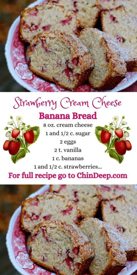 Mmmmmm…. If you haven’t figured it out by now, my “secret ingredients” for amazing quick bread are cream cheese or vanilla pudding mix. Here’s another one to add to your list of favorites! Cream Cheese Quick Bread, Cheese Quick Bread, Cream Cheese Banana Bread, List Of Favorites, Mom Breakfast, Strawberry Cream Cheese, Vanilla Pudding Mix, Strawberry Cream, Sweet Breads