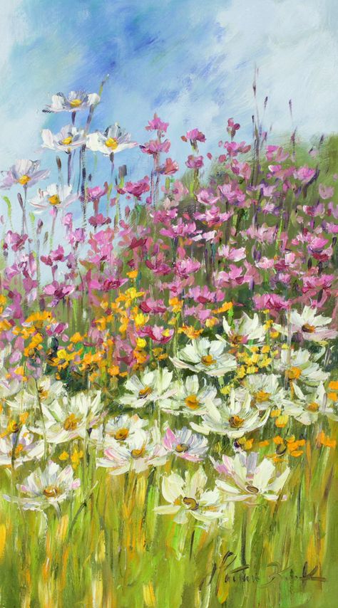 Wild Flower Meadow Painting, Nature House Interior, House Interior Art, Wild Flower Painting, Wild Flowers Painting, Flowers Meadow, Wall Mural Ideas, Mountains Flowers, Wild Landscape