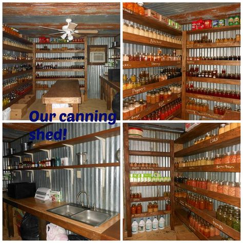 Love this...Canning Shed... Here is a photo of someone who has canning together... I have to admit I just love organized pantries and shelves... I store rice and all items along those items that in clear sealed containers... it just looks much neater, easier to find what you need, you can see if you are low on something and keeps it fresher... Canning Room Ideas Small Spaces, Canning Kitchen Layout, Canning Kitchen Ideas, Canning Shed, Cellar Pantry, Canning Room, Root Cellar Storage, Canning Storage, Root Cellars