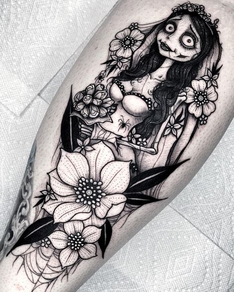 Corpse Bride Tattoo, Witchy Tattoos, Halloween Tattoos Sleeve, Tim Burton Tattoo, Backpiece Tattoo, Goth Tattoo, Brides With Tattoos, Attitude Clothing, Creepy Tattoos