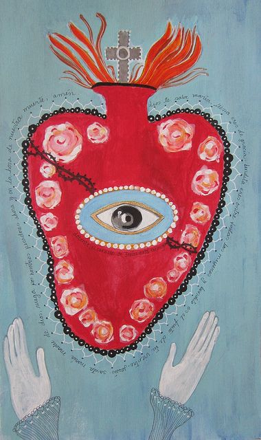 Folk Art Mixed Media painting of The Sacred Heart [Constanza] The Sacred Heart, Arte Inspo, Art Et Illustration, Media Painting, Folk Art Painting, Mexican Art, Outsider Art, Mexican Folk Art, Heart Art