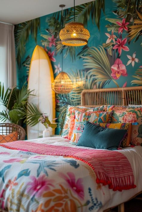 Tropical Studio Apartment, Tropical Boho Bedroom, Tropical Bedroom Furniture, Breezy Curtains, Hawaiian Bedroom, Boho Coastal Bedroom, Tropical Chic Decor, Tropical Room, Coastal Bedroom Ideas