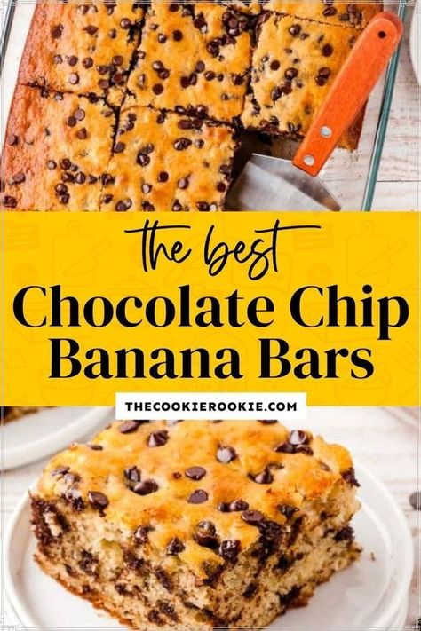 Unbaked Desserts, Banana Bars Recipe, Chocolate Chip Banana Bars, Banana Chocolate Chip Bars, Easy Bars, Banana Chocolate Chip Cake, Banana Snack Cake, Banana Bread Bars, Easy Bar Recipes