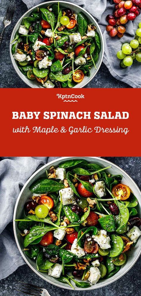 Spinach Feta Salad, Salad With Maple Vinaigrette, Baby Spinach Salad, Garden Salad Recipe, Salad Presentation, Baby Spinach Salads, Cherries Salad, Maple Vinaigrette, Garlic Dressing